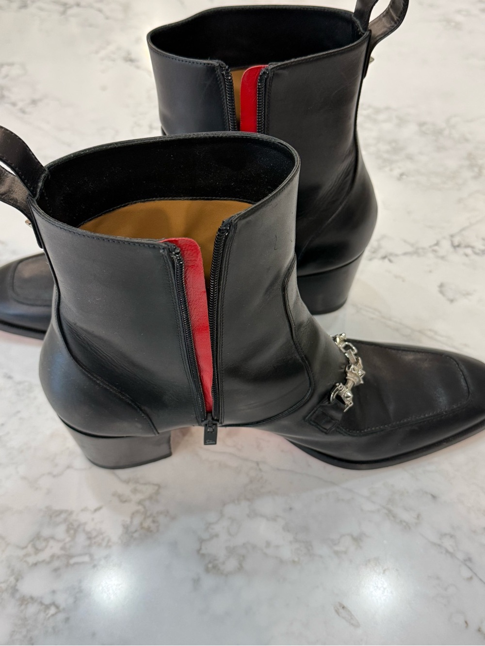 Christian Louboutin Black Leather Ankle Boot with Red Insole Trim - Picture 3 of 15